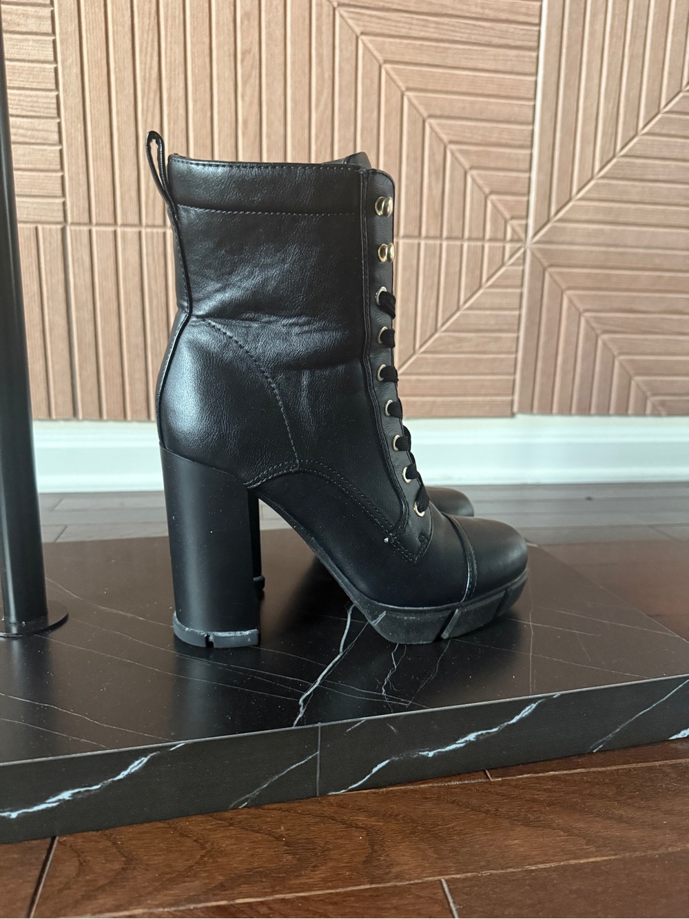 Nine West Black Lace-Up Ankle Combat Boots with Metallic Eyelets